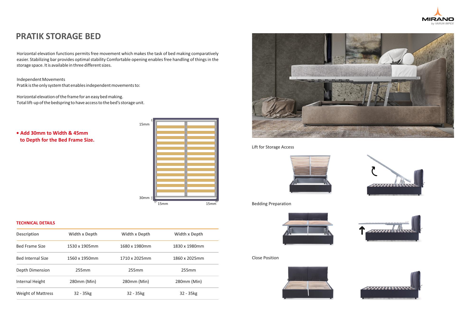Giove Storage Bed – gas-spring hydraulic storage bed fitting by Mirano | Three sizes — up to 1830 × 1980mm