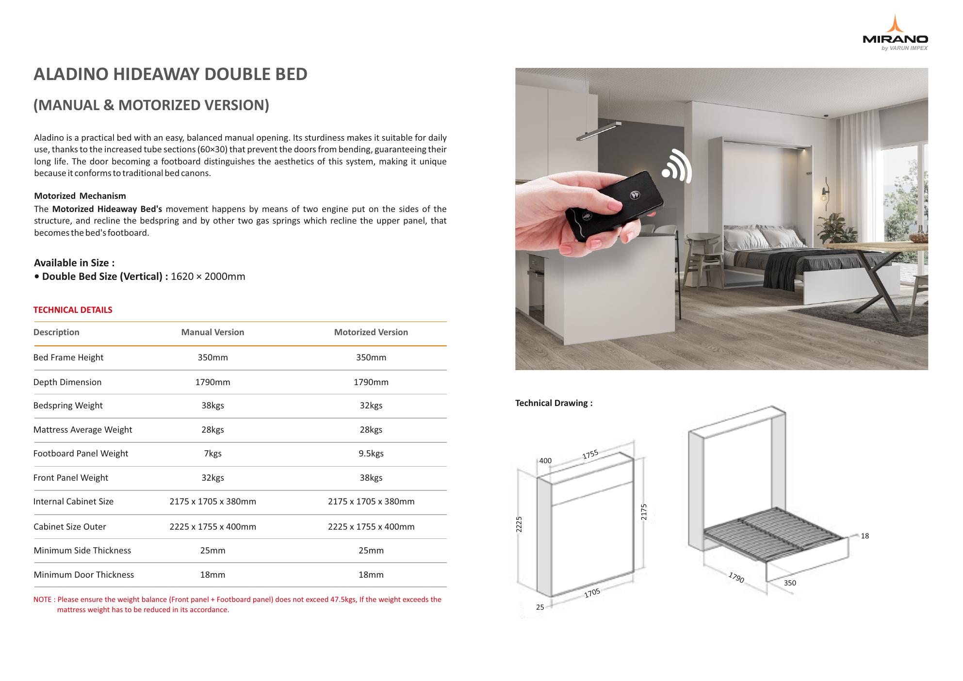 Aladino Hideaway Sofa Cum Bed – wall bed / sofa-cum-bed mechanism by Mirano | Double Bed Size (Vertical) — 1620 × 2000mm
