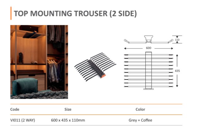 Top Mounting Trouser — 2 Way (VI011) — Mirano by Varun Impex Mirano VI011 Top Mounting Trouser 2 Way wardrobe rack, overhead mounted, 600 x 435 x 110mm