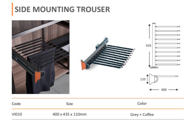 Side Mounting Trouser (VI010) — Mirano by Varun Impex Mirano VI010 Side Mounting Trouser rack wardrobe accessory, 400 x 435 x 110mm in grey and coffee