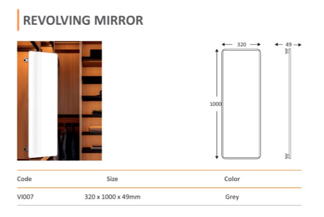 Revolving Mirror (VI007) — Mirano by Varun Impex Mirano VI007 Revolving Mirror wardrobe accessory, space-saving rotating mirror 320 x 1000 x 49mm