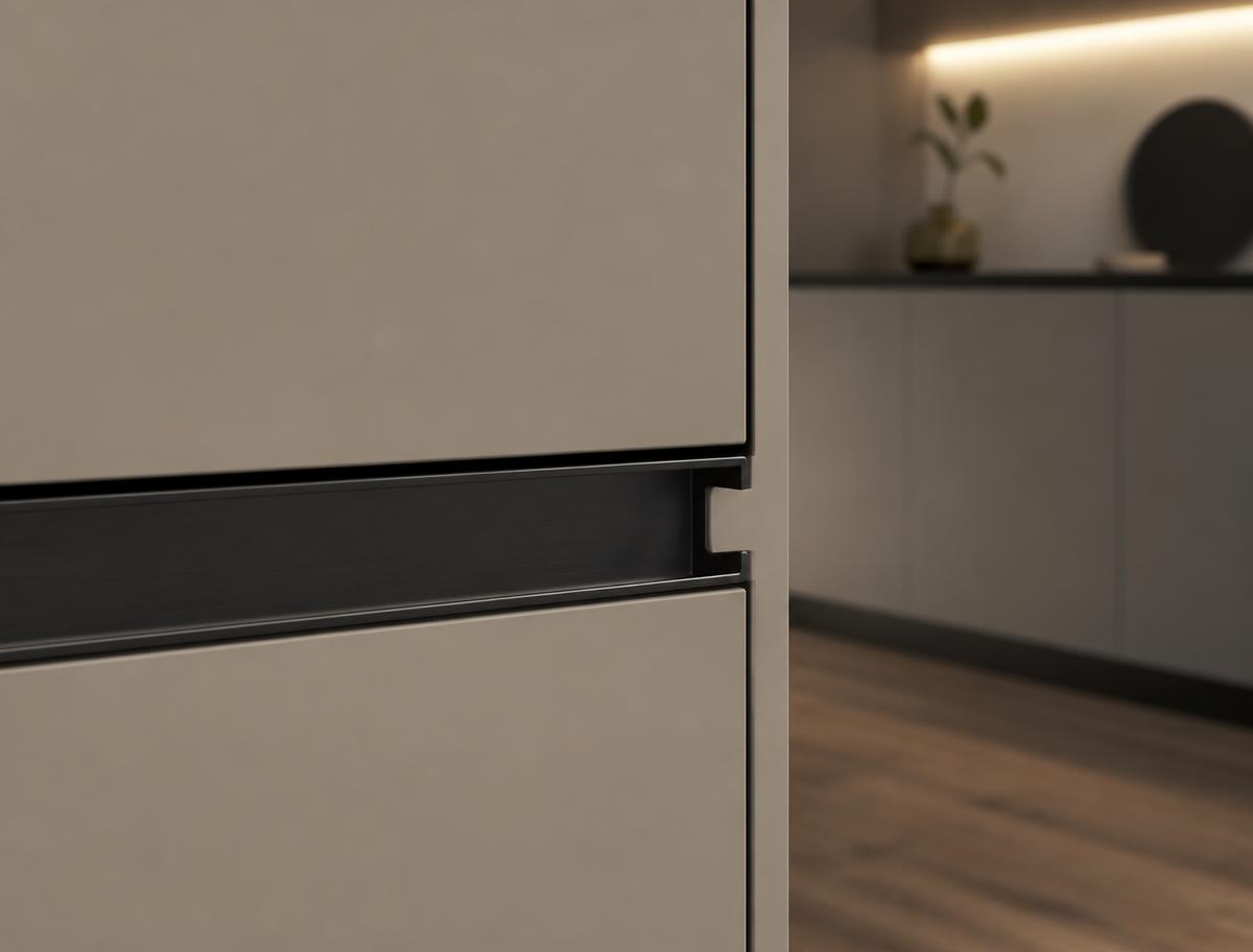 Recessed Gola Profile Systems 3D render of a recessed matte black gola profile channel creating a shadow-line grip between two handleless kitchen cabinet fronts