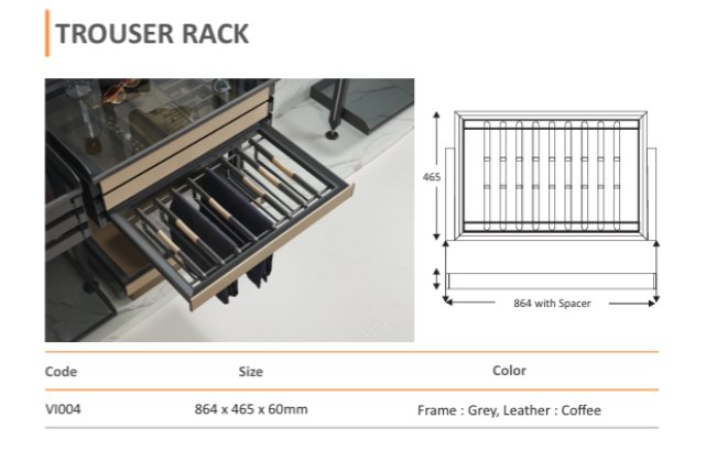 Trouser Rack (VI004) — Mirano by Varun Impex Mirano VI004 Trouser Rack wardrobe accessory, multi-bar drawer-mounted rack in grey and coffee leather