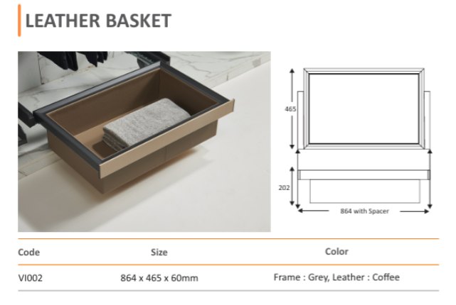 Leather Basket (VI002) — Mirano by Varun Impex Mirano VI002 Leather Basket wardrobe accessory in coffee leather on a grey frame, 864 x 465 x 60mm