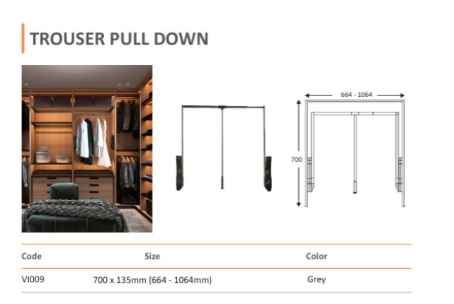 Trouser Pull Down (VI009) — Mirano by Varun Impex Mirano VI009 Trouser Pull Down wardrobe rail, adjustable 664 to 1064mm, grey finish