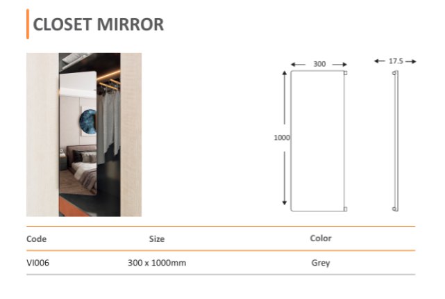Closet Mirror (VI006) — Mirano by Varun Impex Mirano VI006 Closet Mirror, fixed full-length wardrobe mirror 300 x 1000mm in grey