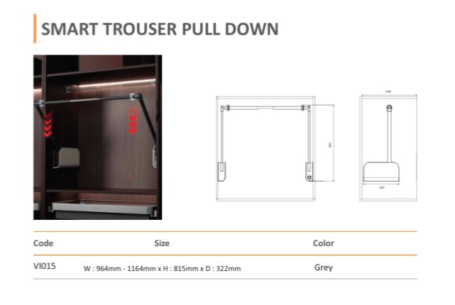 Smart Trouser Pull Down (VI015) — Mirano by Varun Impex Mirano VI015 Smart Trouser Pull Down wardrobe accessory, motorized soft-close rail, width 964 to 1164mm