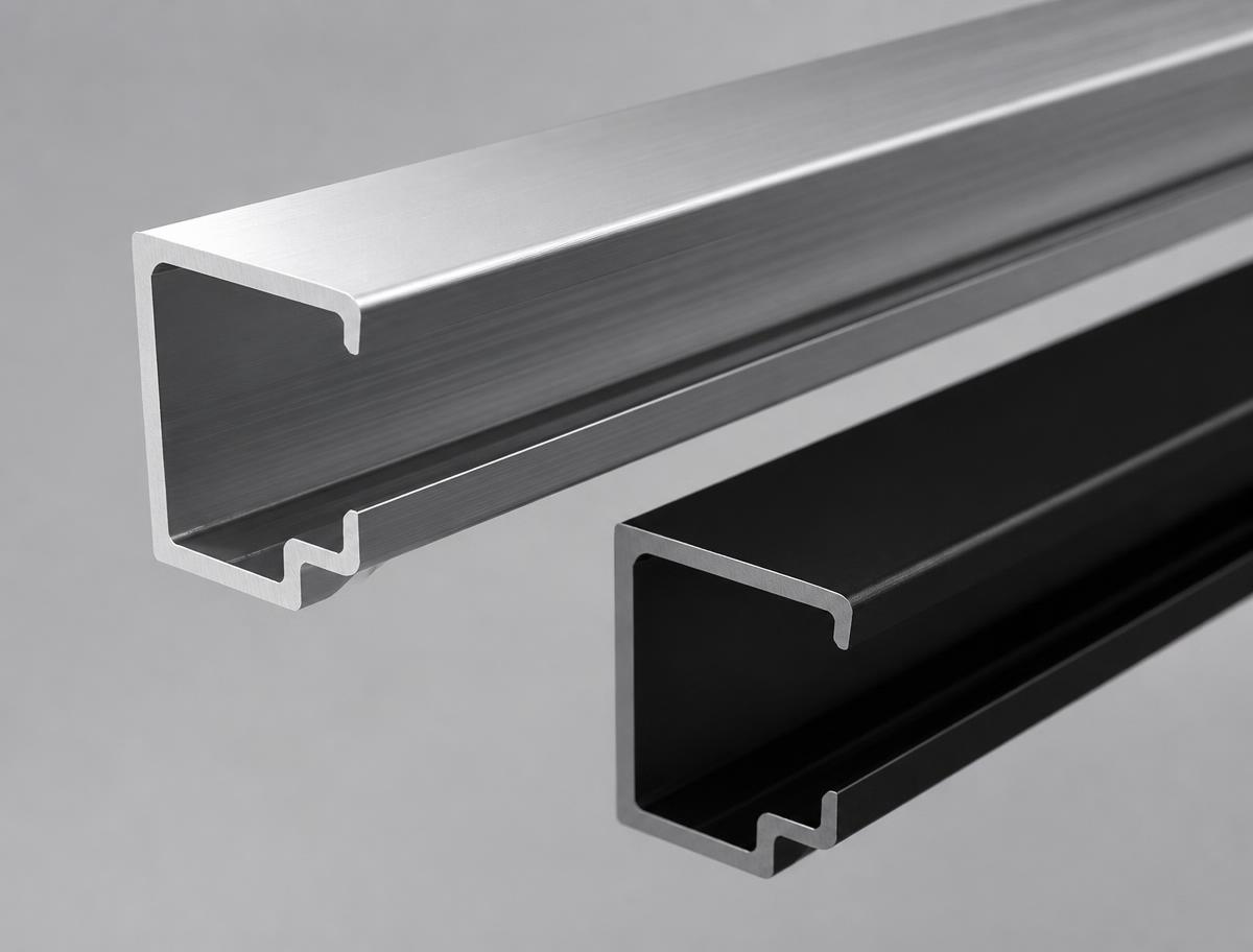 G-Profile & C-Profile Handles 3D render of brushed anodised silver and matte black aluminium G-profile and C-profile cabinet handle extrusions showing cross-section geometry