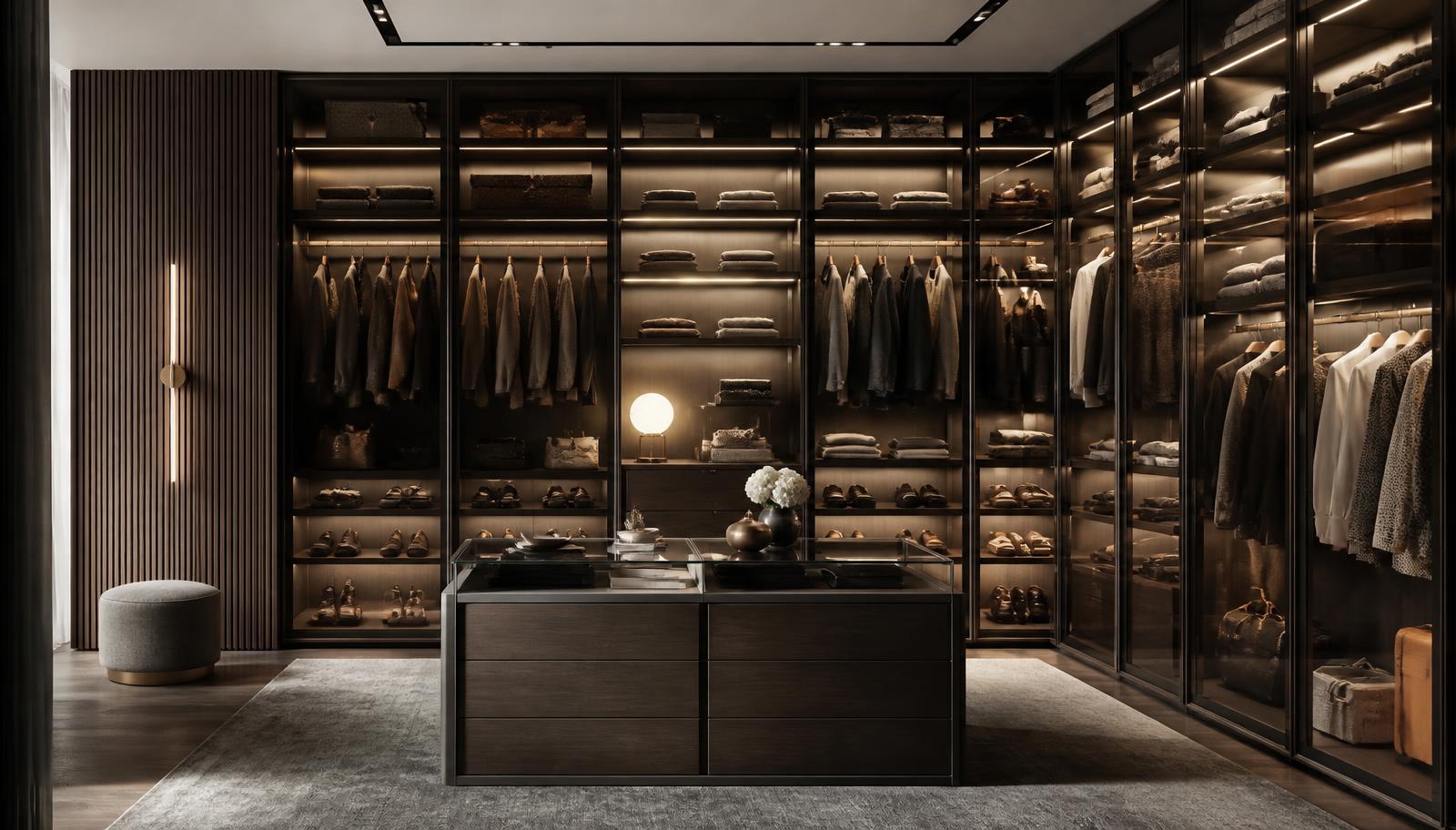 Italian-engineered walk-in wardrobe system with glass fronts and slim aluminium framing