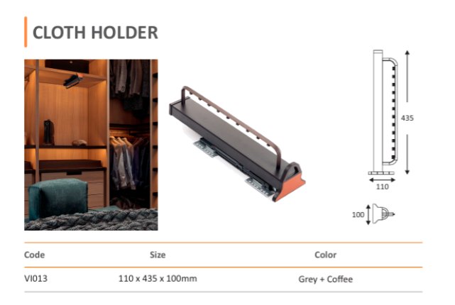 Cloth Holder (VI013) — Mirano by Varun Impex Mirano VI013 Cloth Holder pull-out garment rail for wardrobes, 110 x 435 x 100mm in grey and coffee