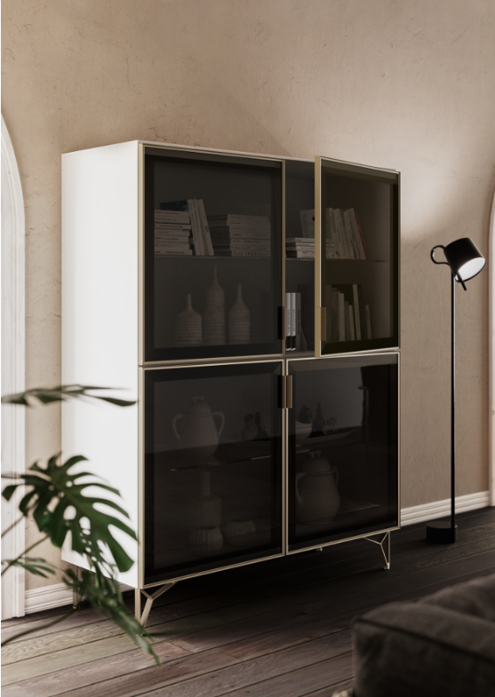 Filo Filo openable wardrobe cabinet with bronzed glass doors in slim gold aluminium frames — Mirano by Varun Impex