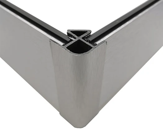 Aluminium 90 degree corner Aluminium 90 degree external corner joining two brushed aluminium panels with a black seal strip