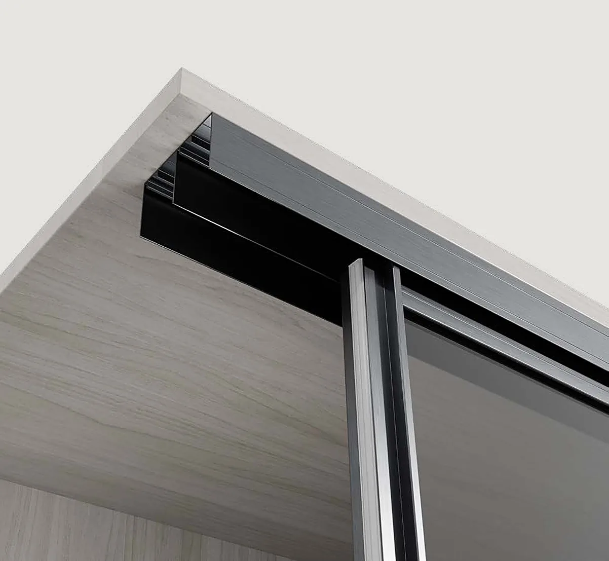Corner detail of a Bridge 500 sliding door in its upper rail Corner detail of a Bridge 500 sliding door in its upper rail