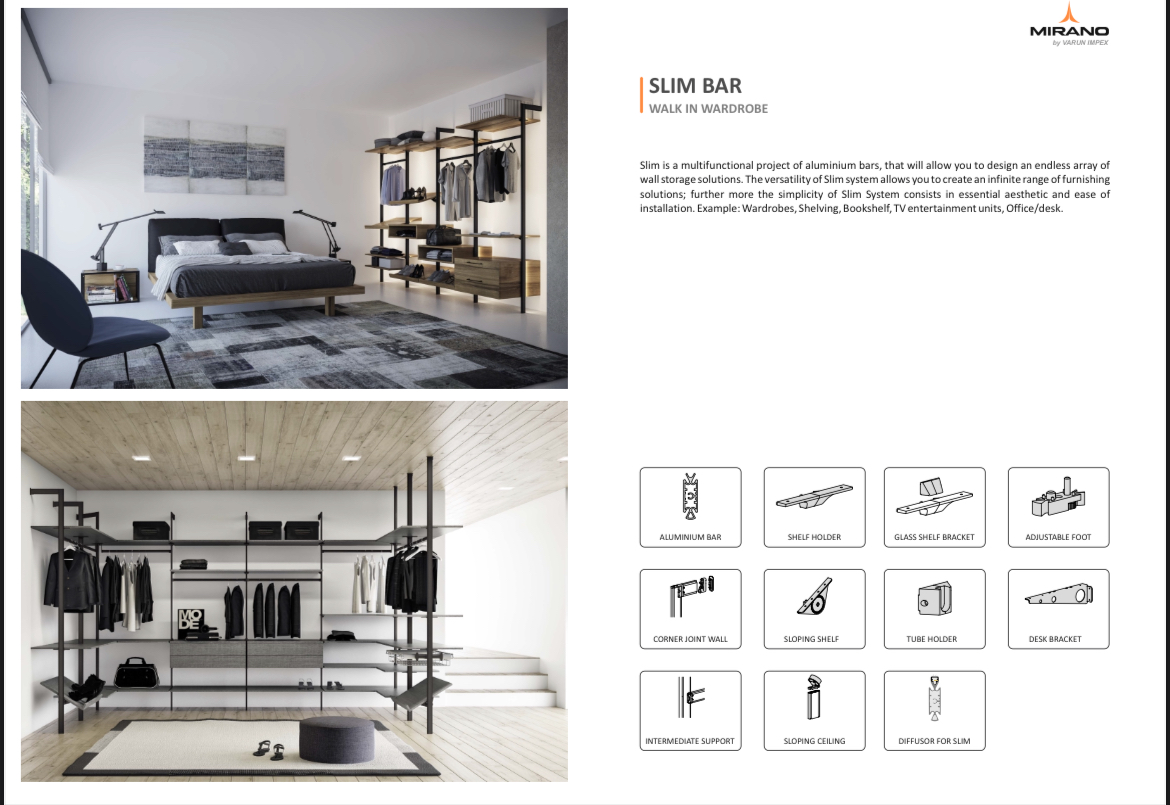 Slim Bar walk-in wardrobe system — Mirano by Varun Impex Mirano Slim Bar walk-in wardrobe system — black aluminium bar wall storage with open shelving, hanging rails and component range including shelf holder, corner joint and LED diffusor