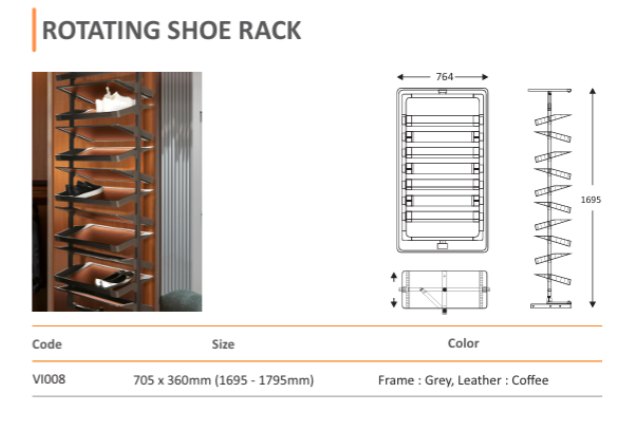 Rotating Shoe Rack (VI008) — Mirano by Varun Impex Mirano VI008 Rotating Shoe Rack for wardrobes, adjustable 1695 to 1795mm height, grey frame with coffee leather