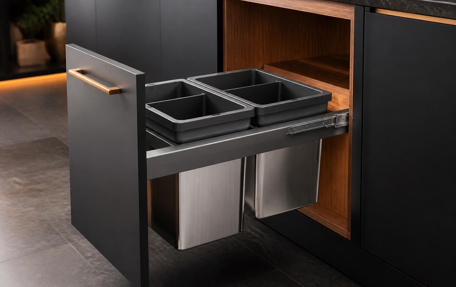 Mirano pull-out kitchen waste bin system with dual stainless steel bins in a matte black modular cabinet