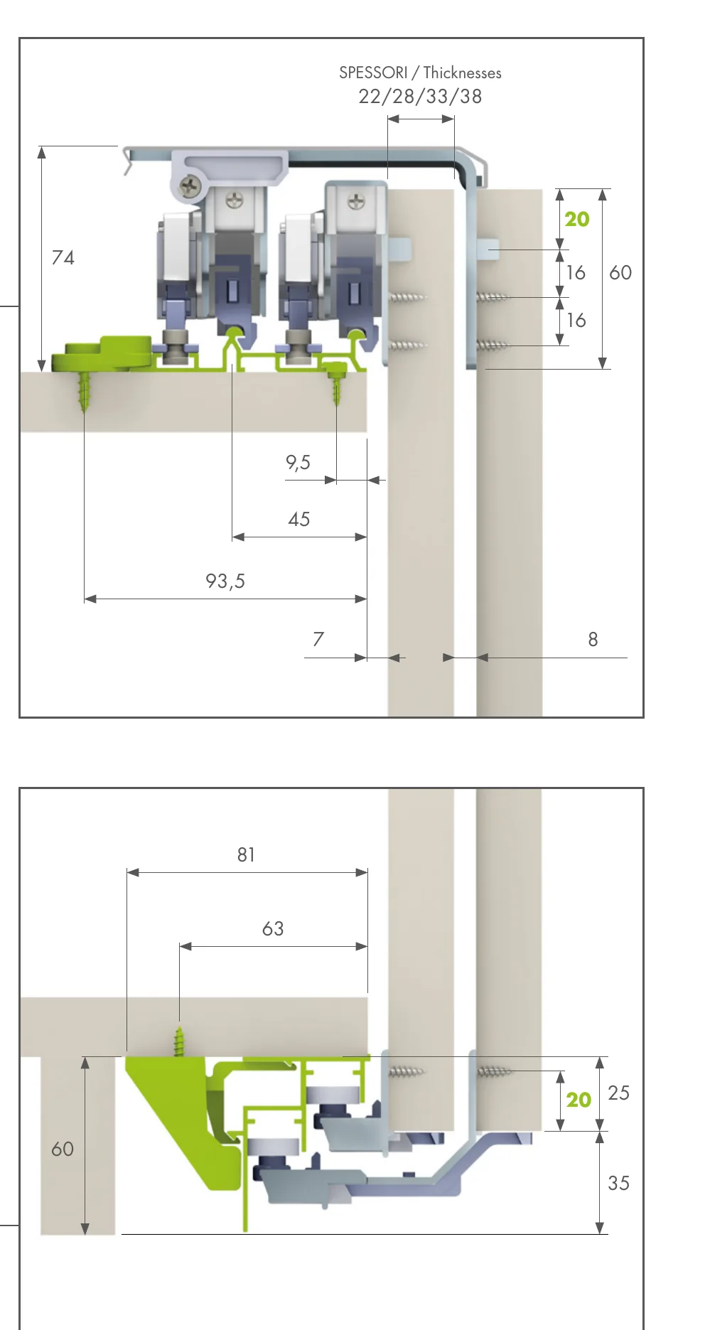 Evolution section drawing of the tool-free version with upper rail 011070 Evolution section drawing of the tool-free version with upper rail 011070