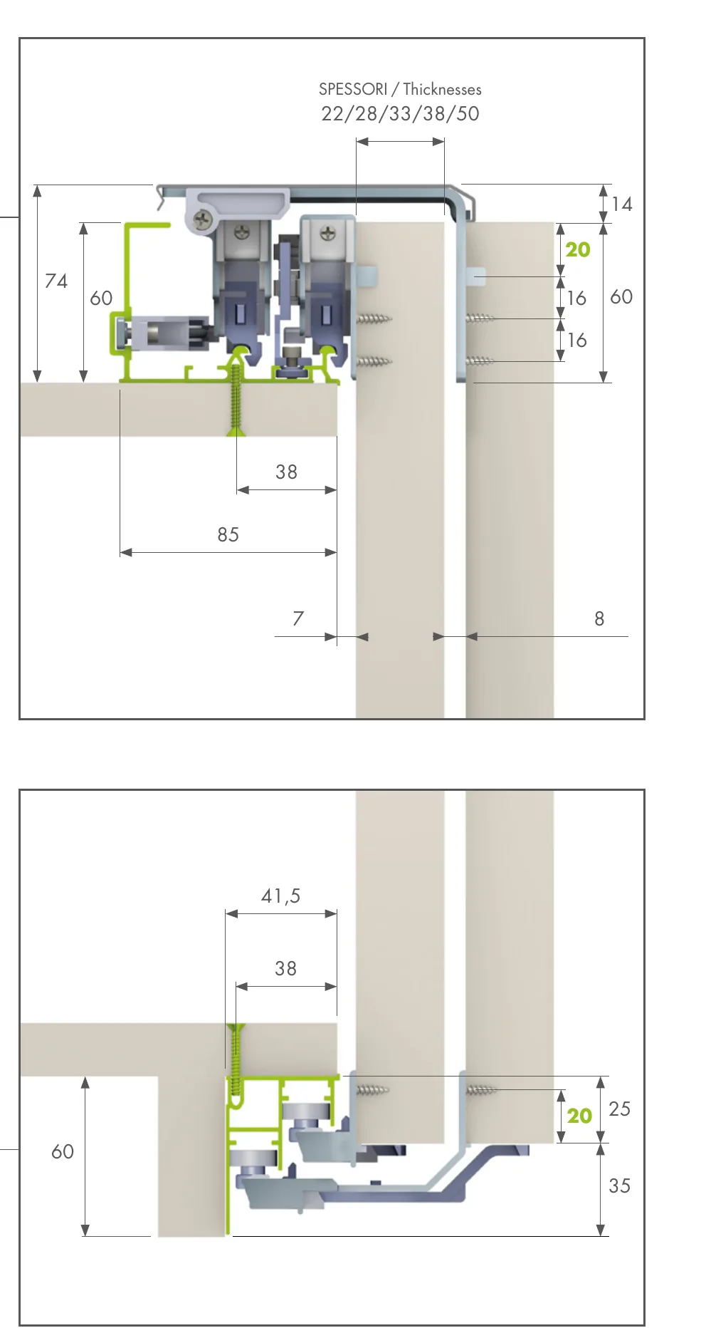 Evolution section drawing of the soft-closing version with upper rail 010600 Evolution section drawing of the soft-closing version with upper rail 010600