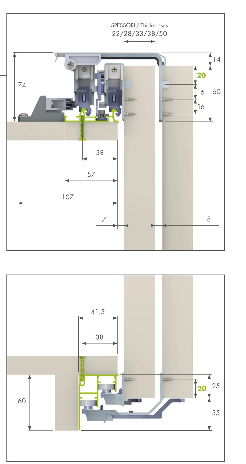 Evolution section drawing of the soft-closing version with upper rail 011034 Evolution section drawing of the soft-closing version with upper rail 011034