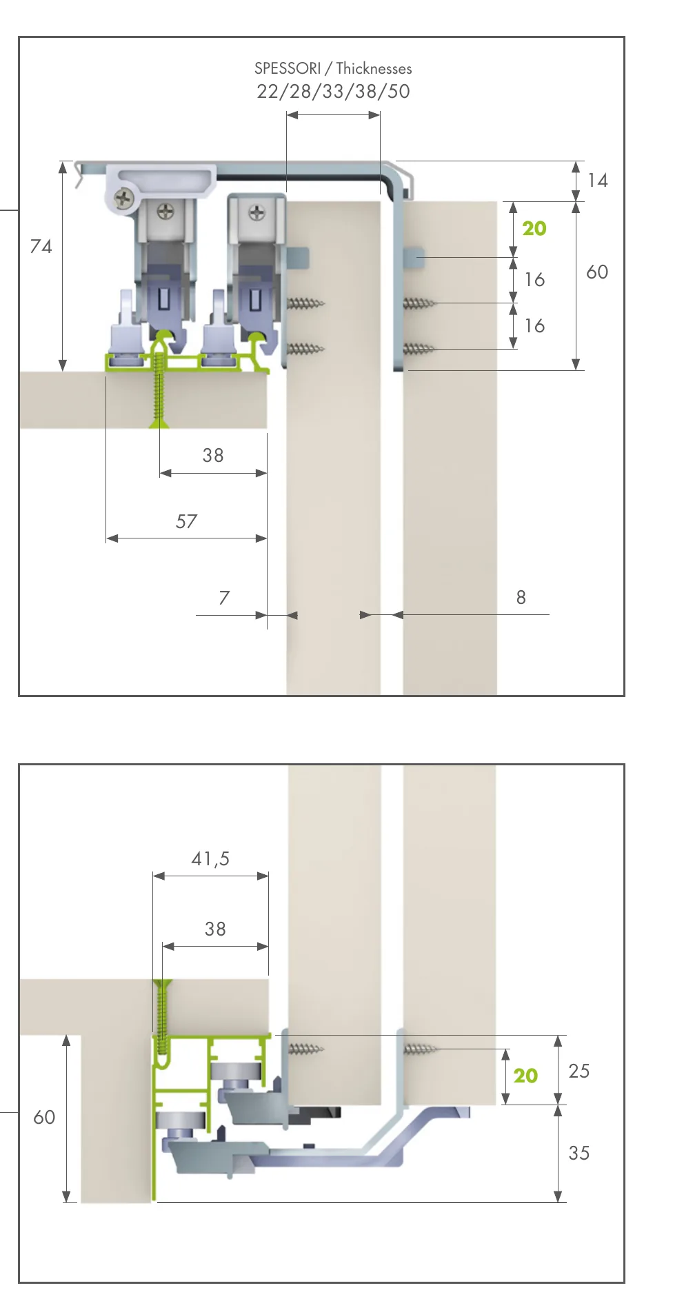 Evolution section drawing of the traditional stopper version with dimensions Evolution section drawing of the traditional stopper version with dimensions