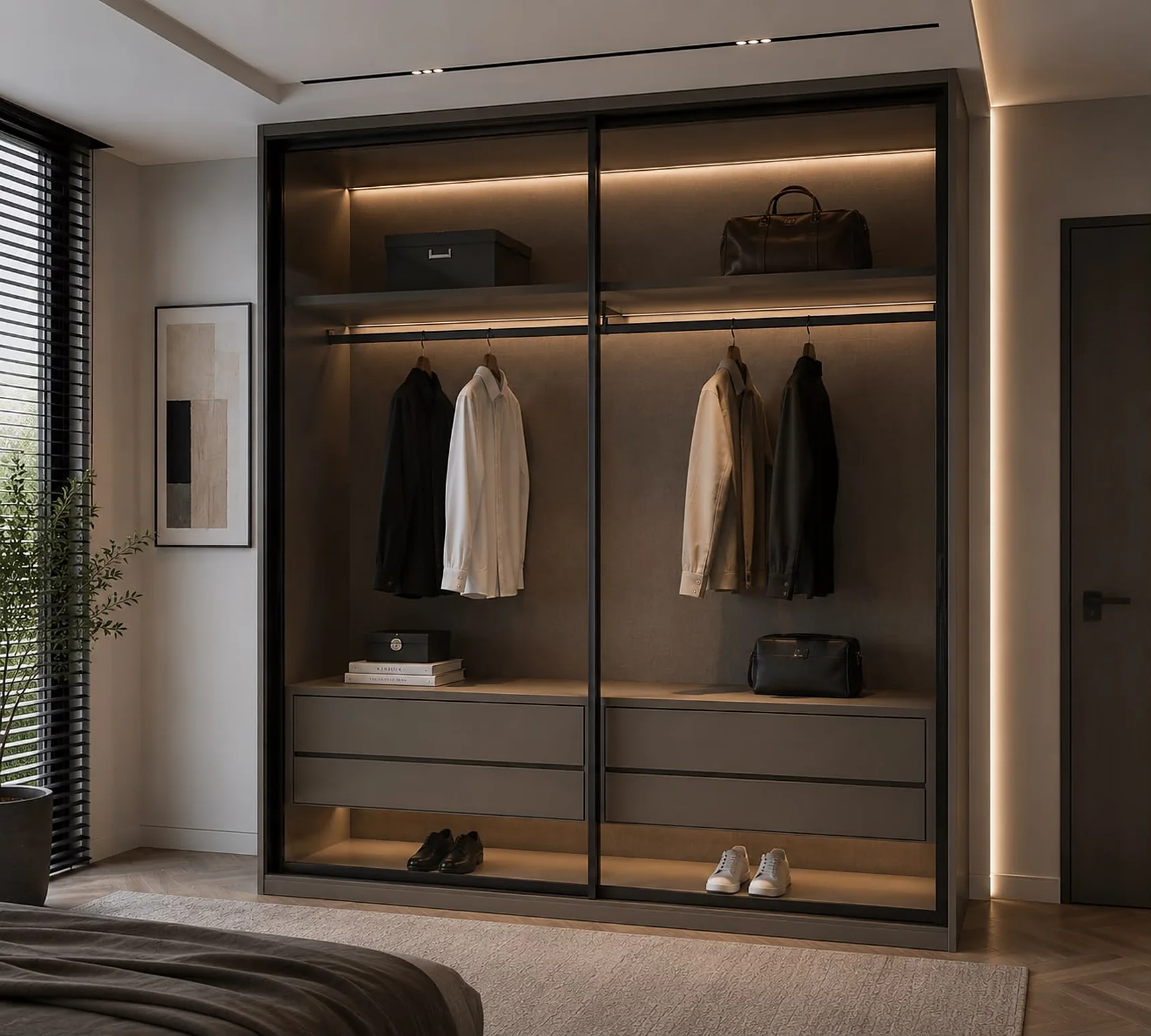 Two-door sliding wardrobe with dark-framed glass doors, a lit hanging rail, shelves and drawers