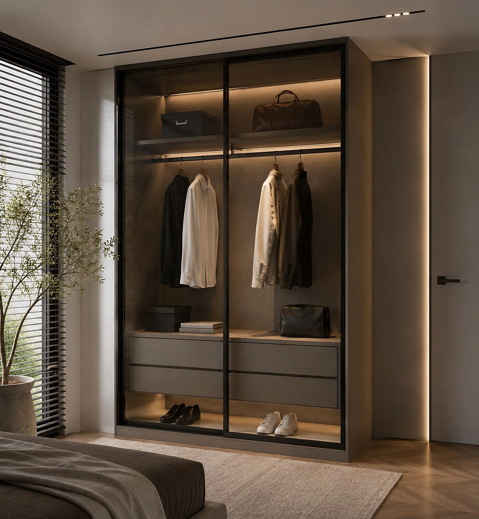 Evolution sliding wardrobe with two glass doors, lit hanging rail, drawers and open shoe shelf Evolution sliding wardrobe with two glass doors, lit hanging rail, drawers and open shoe shelf