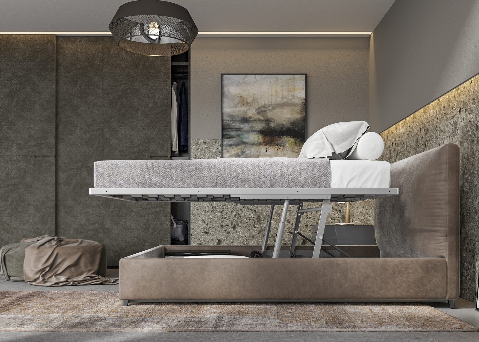 Pratik Storage Bed – dual-motion hydraulic storage bed fitting by Mirano by Varun Impex, Three sizes — up to 1830 × 1980mm for modular furniture