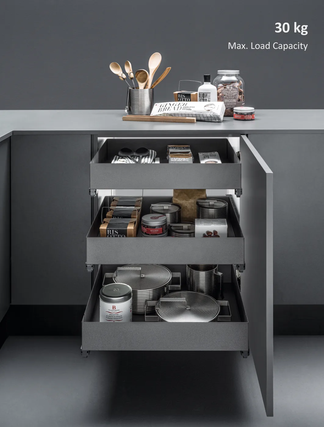 Mirano Four Side Drawer 600mm fully enclosed pull-out drawer system for cutlery and utensil storage in a modular kitchen