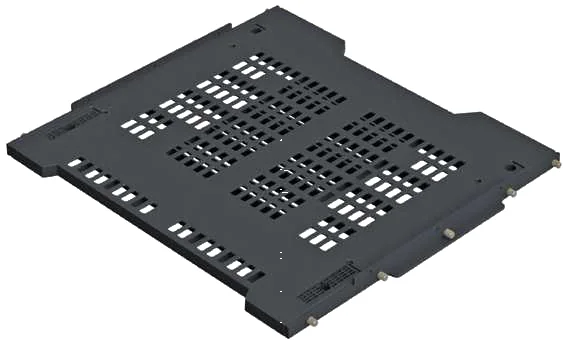 Dark flat base panel with rows of rectangular ventilation slots and studs along its edges