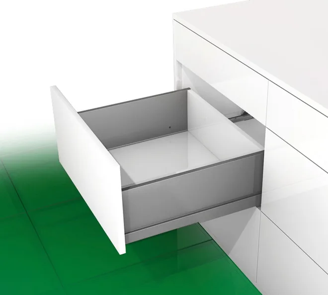 Standard metal-sided kitchen drawer with concealed slide, shown open in a white modular kitchen base unit