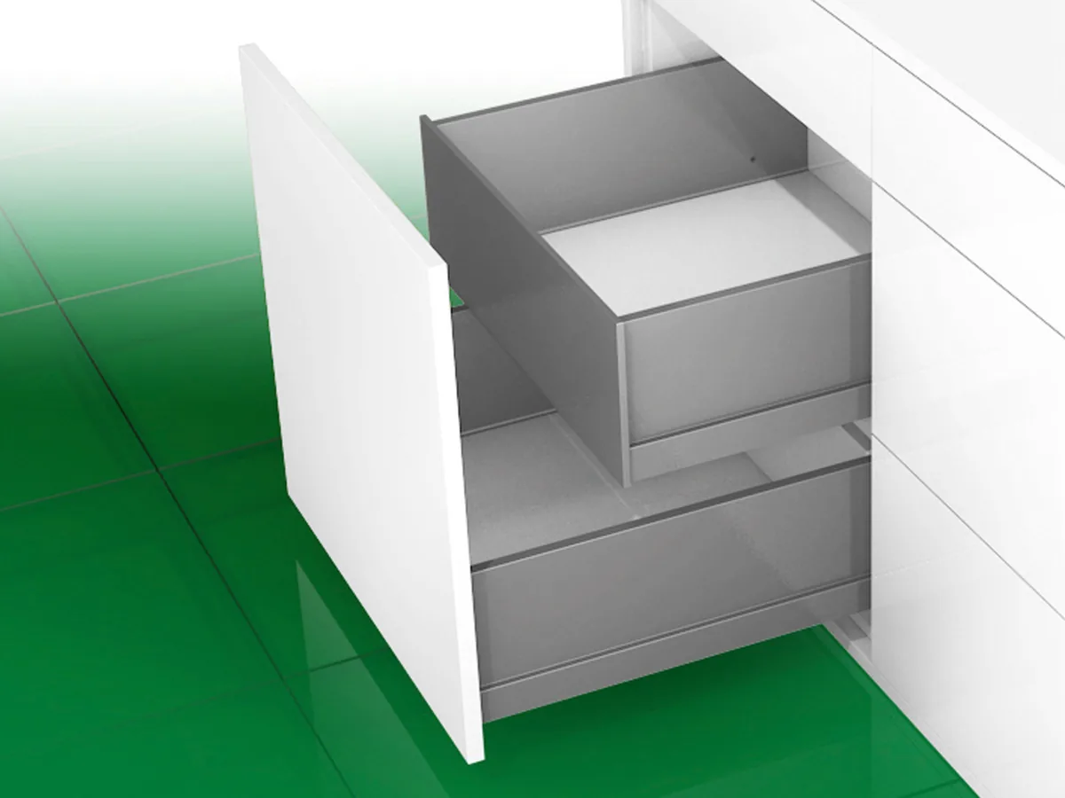 Tall inset H186 kitchen drawer with a shallow inner drawer, open in a white modular kitchen cabinet