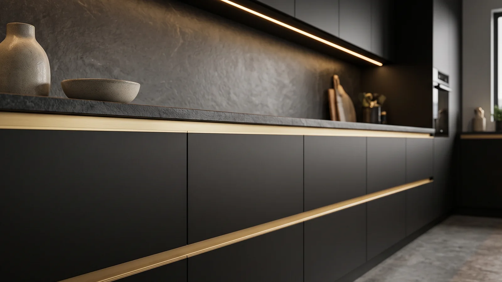 Matte black handleless kitchen with a continuous champagne gold aluminium gola profile along the top of each drawer front