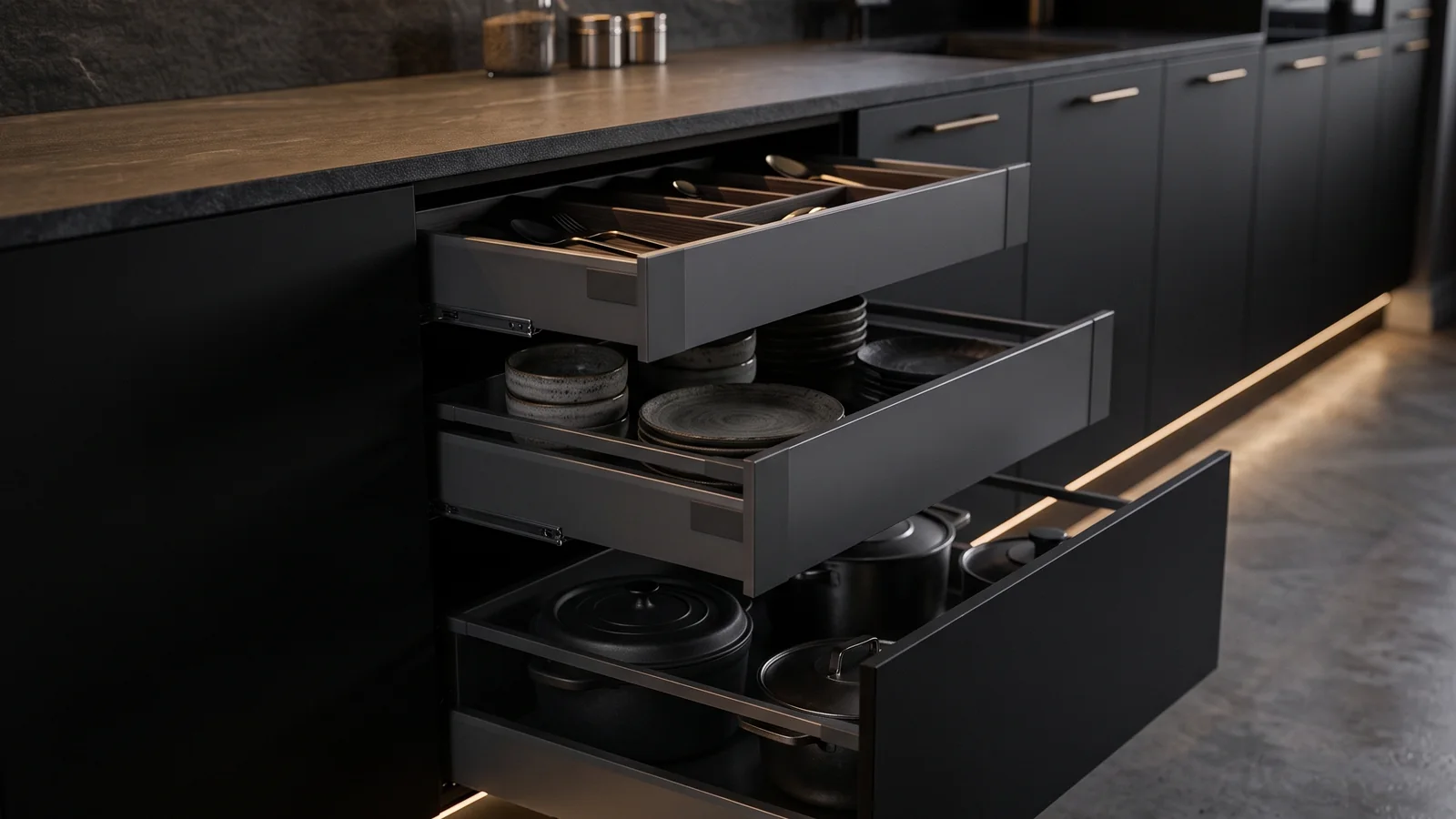 Kitchen drawer height guide Three drawers of different heights pulled open in a matte black kitchen, with cutlery, plates and pots inside
