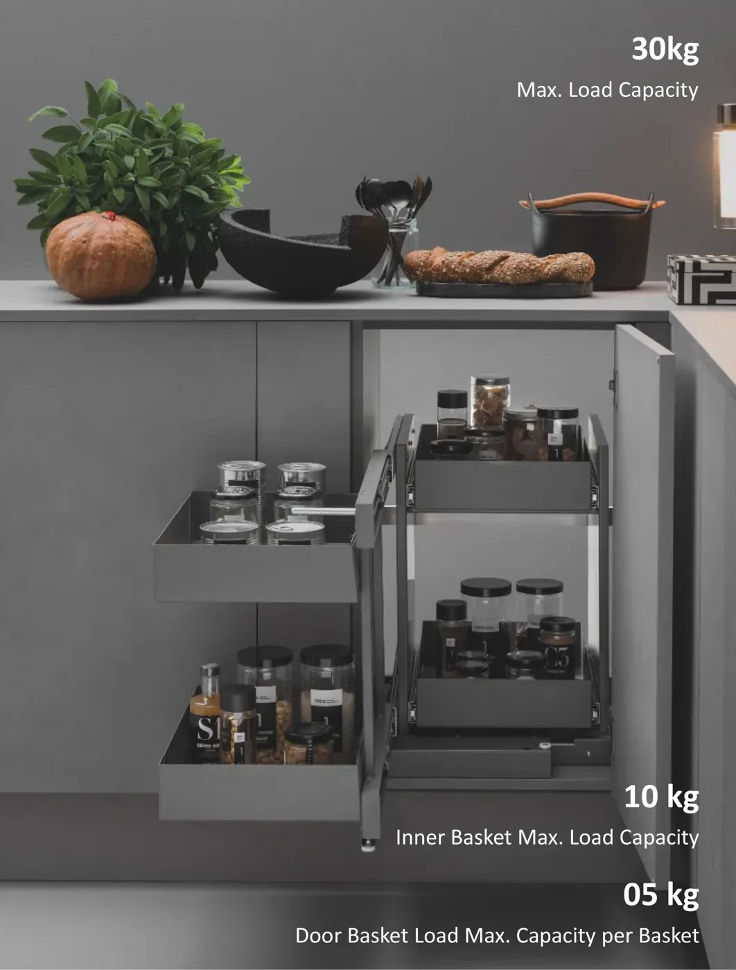 Mirano Kubico 450mm cube-format pull-out unit with compartmented storage in a modular kitchen cabinet