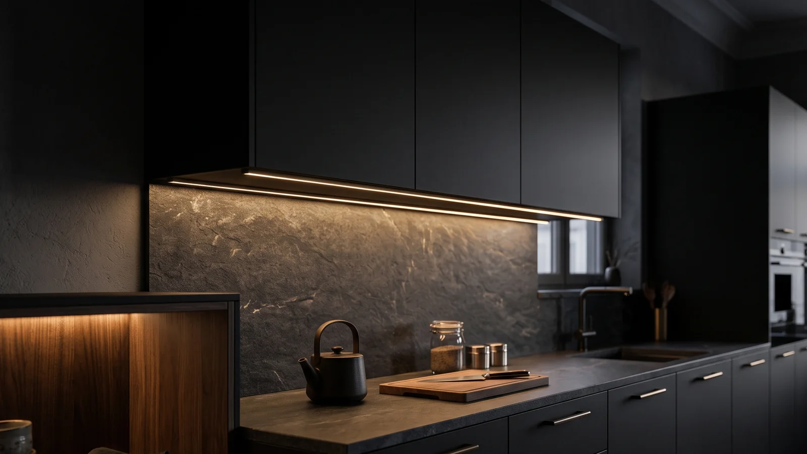LED profile guide Matte black modular kitchen with a slim aluminium LED profile glowing under the wall cabinets and a recessed profile along an open shelf
