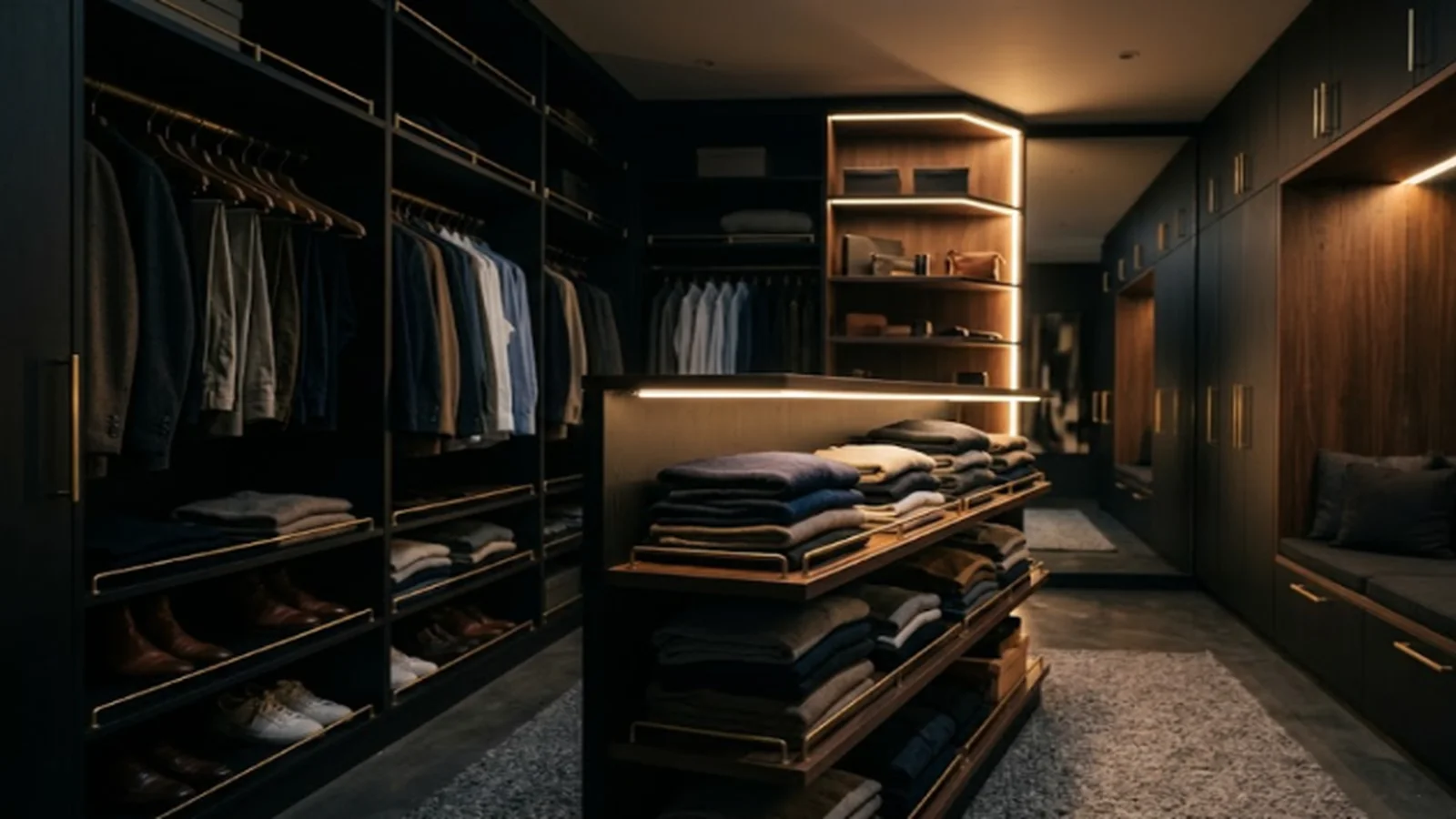LED profile lights for wardrobe and kitchen — complete guide Warm linear LED profile lighting glowing along a dark wardrobe shelf edge and corner