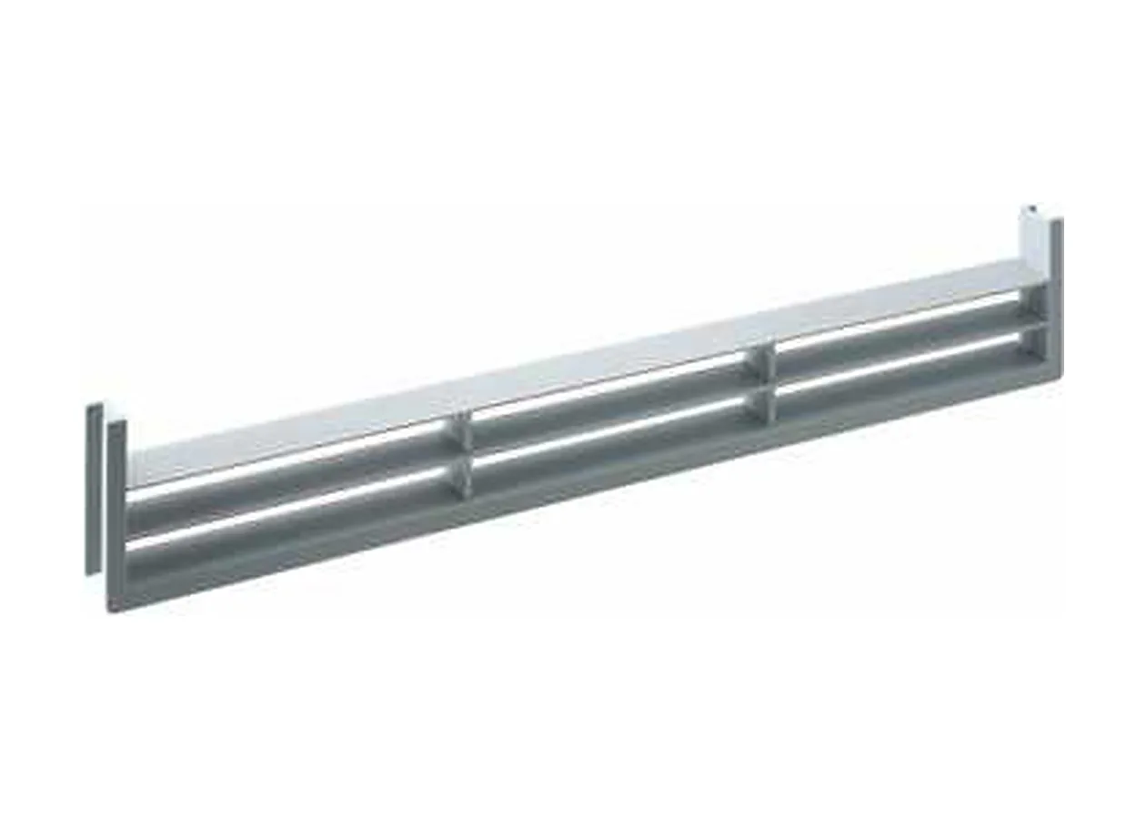 Linear ventilation grille Mirano linear ventilation grille for kitchen cabinets, a long slim grey slotted grille divided into three sections with end flanges