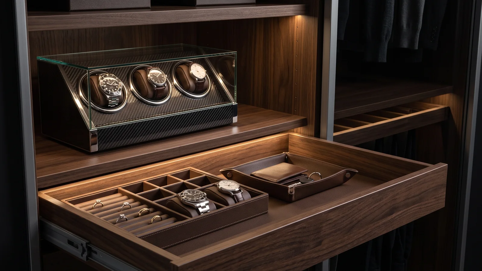 Luxury wardrobe accessories Dark walnut wardrobe drawer open showing a leather-lined jewellery tray and a built-in watch winder with warm LED lighting