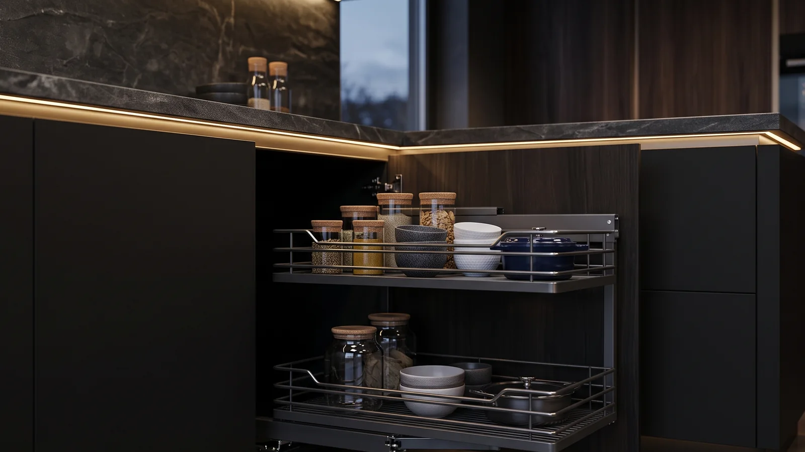 Magic corner pull-out unit with two tiers of wire baskets sliding out of a corner base cabinet in a matte black kitchen with gold LED lighting