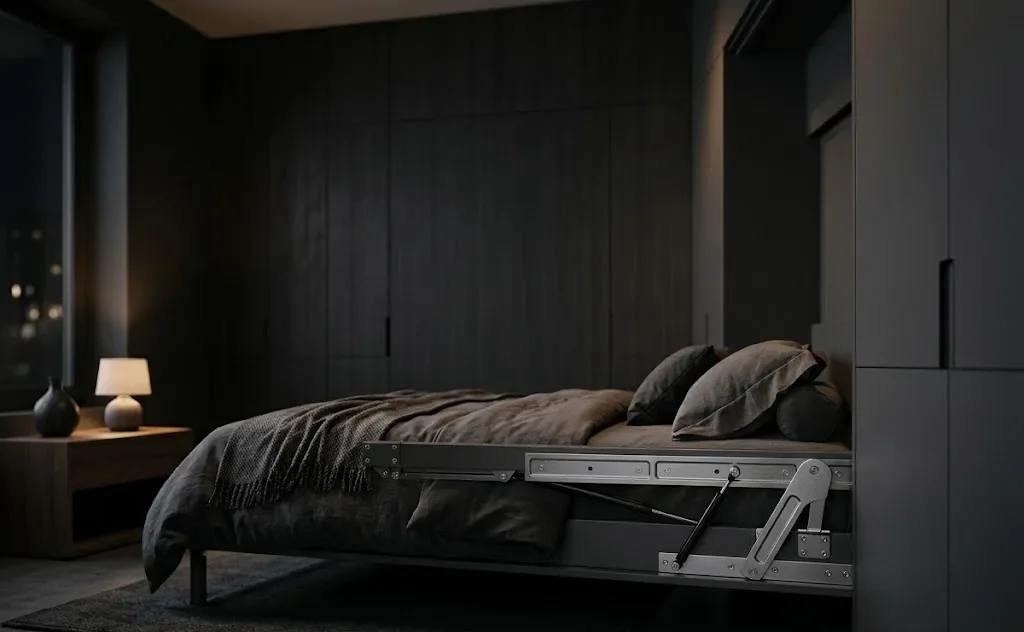 Wall bed fitted with an aluminium lift mechanism and gas struts in a dark modern bedroom