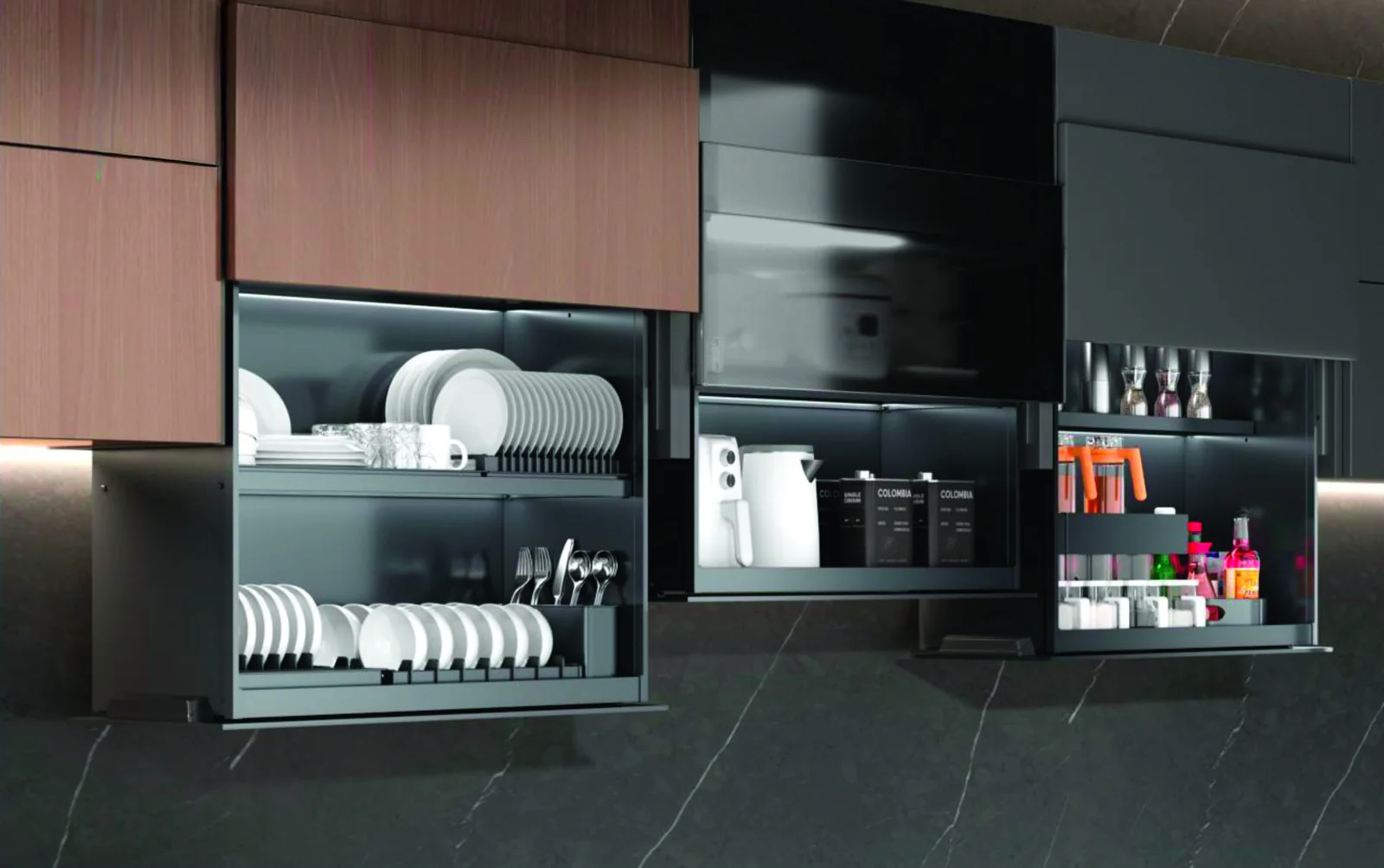 Pro Cabinet internal organisation Three overhead kitchen cabinets open to show a dish rack with cutlery holder, an appliance shelf and a spice and bottle organiser