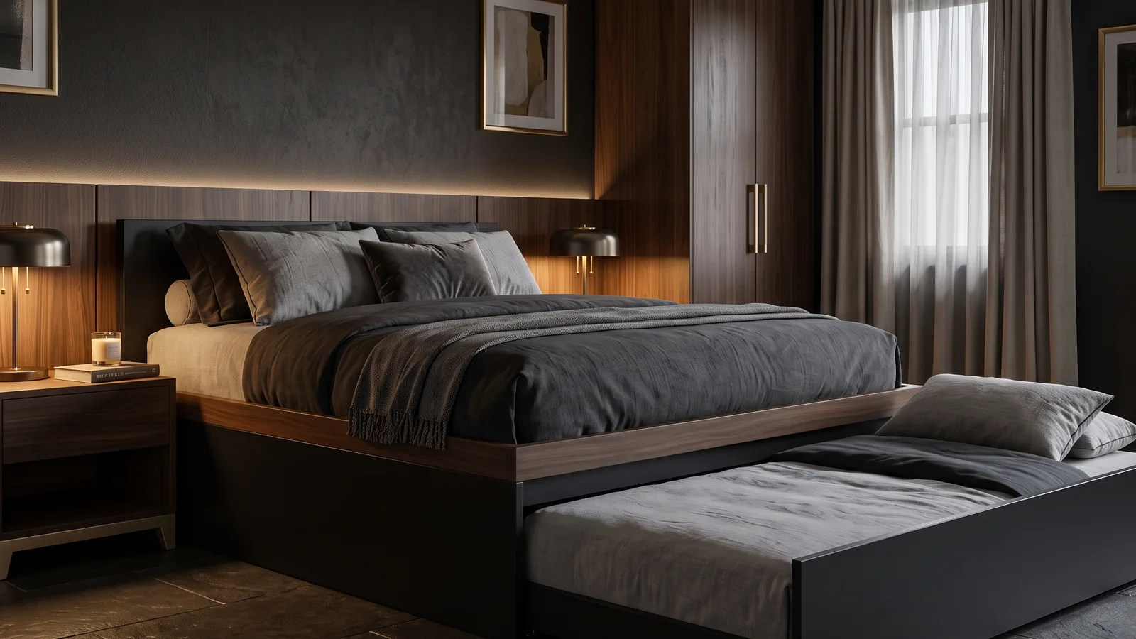 Pull out bed mechanism Modern guest bedroom with a matte black platform bed and a second single bed on a pull-out trundle rolled halfway out from underneath
