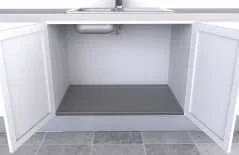 Sink Base fitted in an under-sink cabinet White under-sink cabinet with both doors open and a grey base panel fitted on the cabinet floor