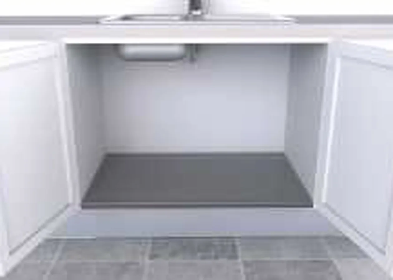 Sink base cabinet with a protection panel lining the floor, seen with both doors open Sink base cabinet with a protection panel lining the floor, seen with both doors open