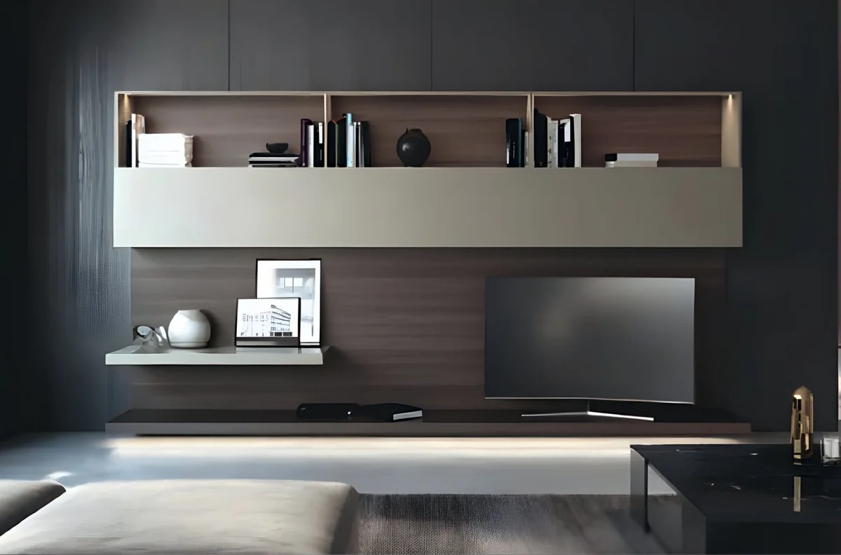 Smart Lifting Cabinet, panel in lower position Living-room wall unit with open wooden shelves above a handleless beige front panel, a television and a floating shelf