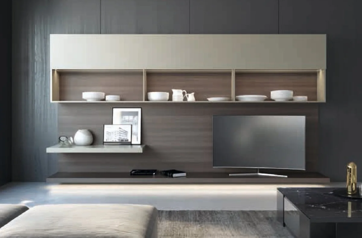 Smart Lifting Cabinet, panel lifted above the shelves The same living-room wall unit with the beige front panel lifted above a row of open shelves holding white crockery