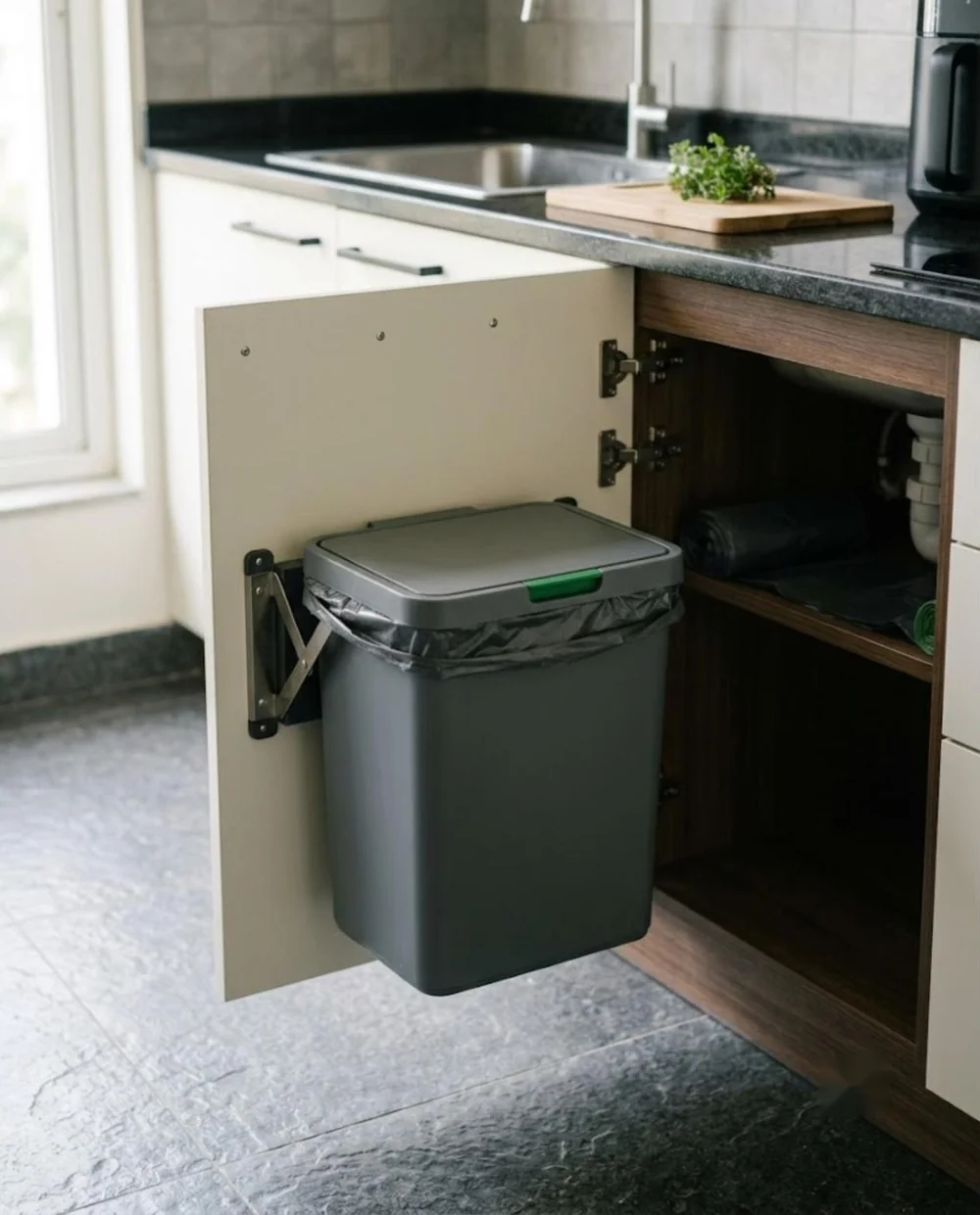 Large grey waste bin with lid hanging from a swing-out bracket on an open kitchen cabinet door