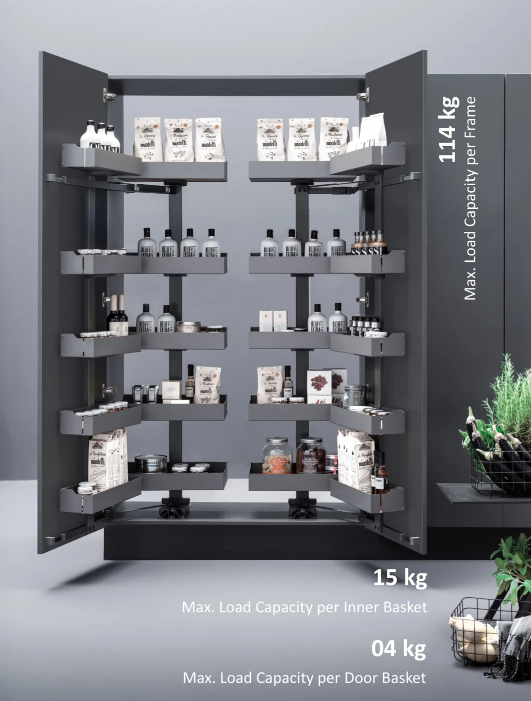 Mirano Swing Out Pantry 600mm five-basket tall unit with door-mounted and interior baskets swinging outward for full access