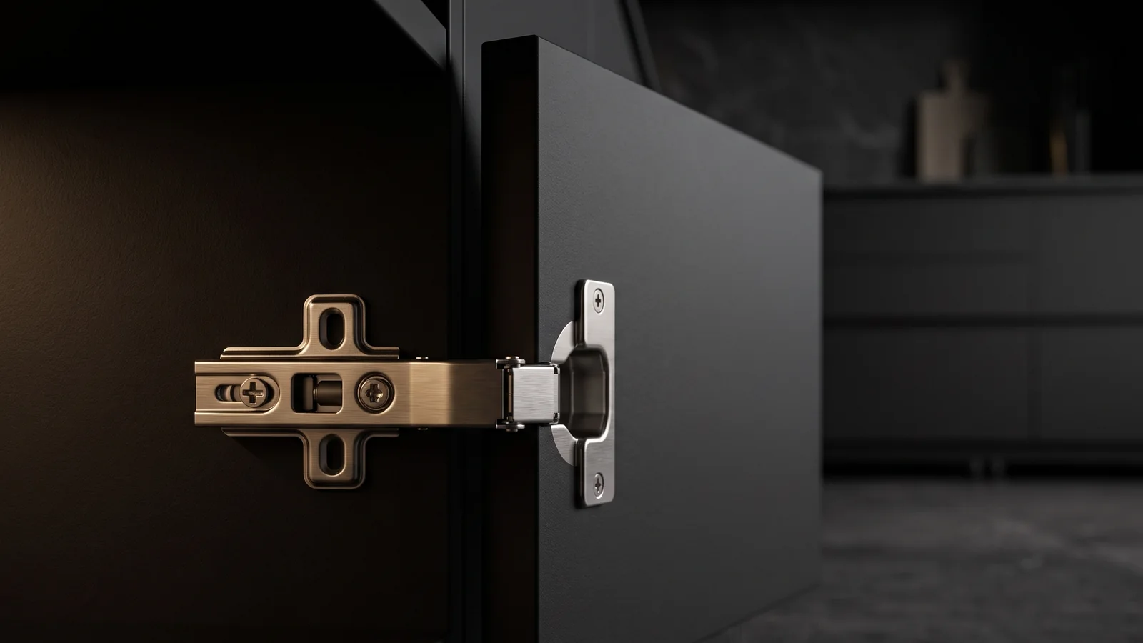 Types of cabinet hinges Close view of a matte black cabinet door open on a concealed soft-close hinge in a dark kitchen