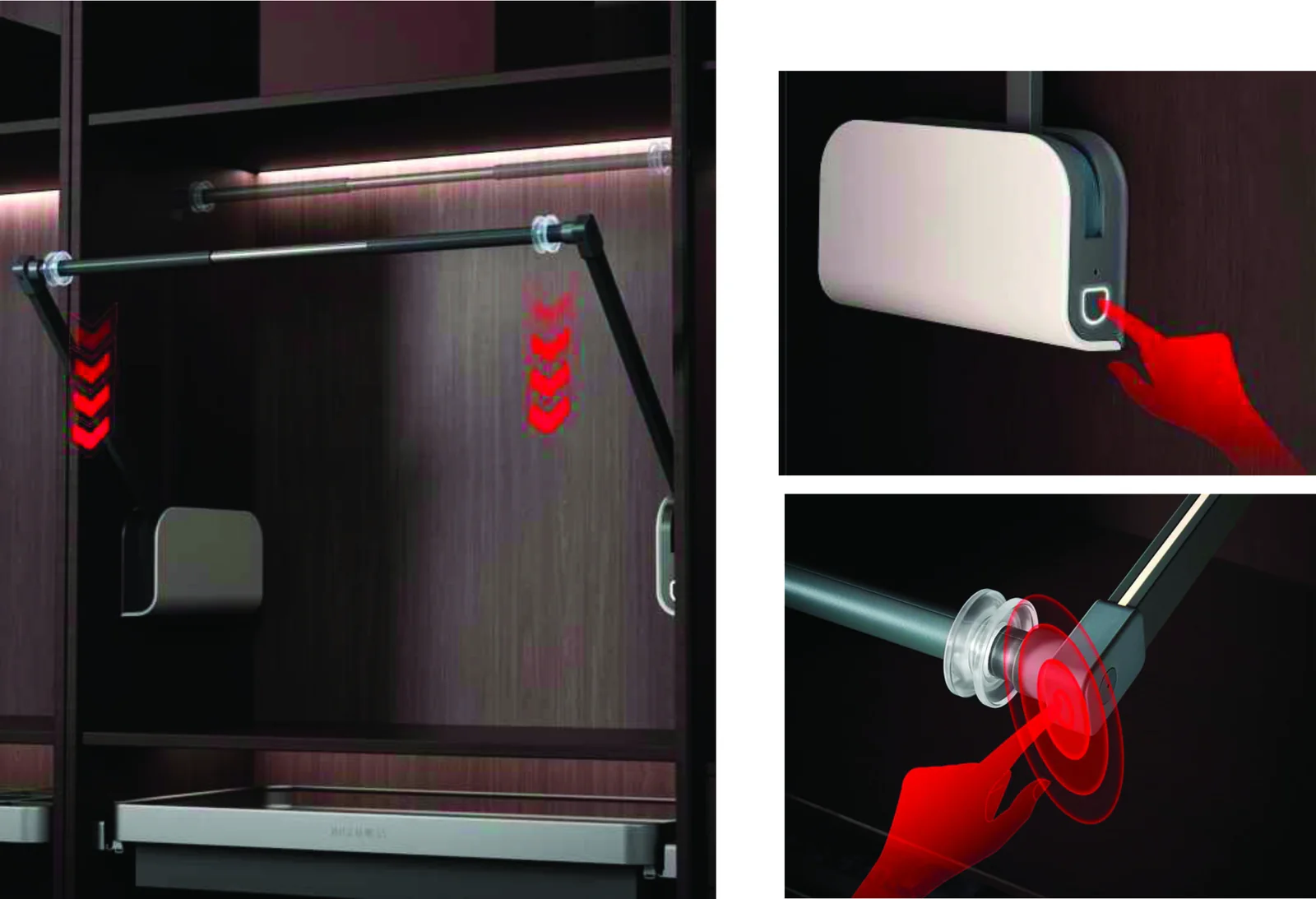 Vert-Move vertical movement rail with touch controls Dark wardrobe unit with a hanging rail on lifting arms and red arrows showing downward movement, plus two close-ups of touch controls